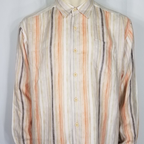 white peach tan striped linen button up shirt XL - Picture 1 of 8